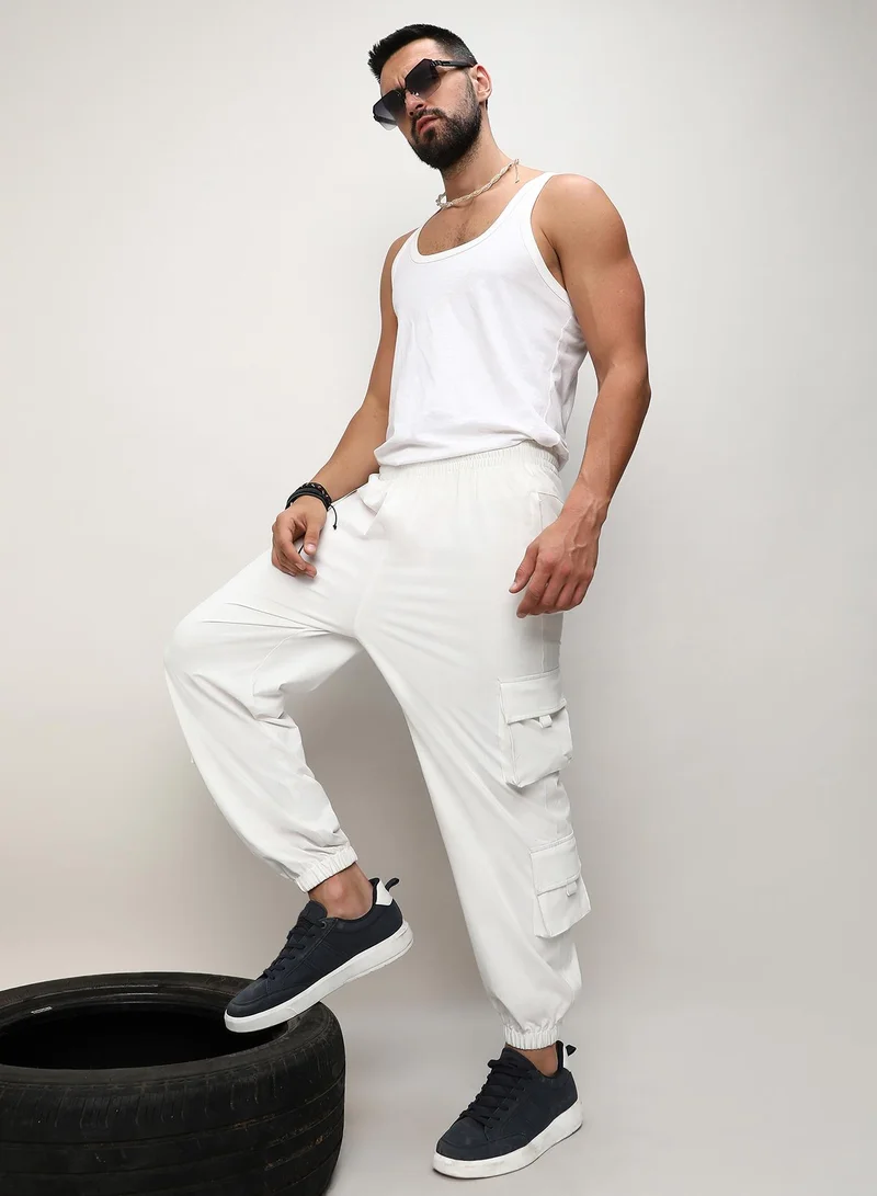 CAHOOT  Men's Egg White Cuffed Hem Cargo Trousers For Casual Wear | 8 Pockets | Relaxed Fit | Button Closure | Cargo Pants Crafted With Comfort Fit For Everyday Wear for Men | Best Price UAE